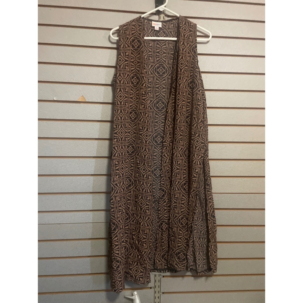 LuLaRoe Joy Duster Vest Womens Medium Black Tan‎ Geometric Medallion Open Front